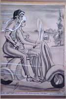 Bill Ward Conte Crayon - Nice motorcycle Can I hold on?