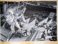 Earl Norem 1960's Acrylic Mens' Action Painting Rescuing a Beautiful Ladyhigh above the city vs the Russians or Germans?
